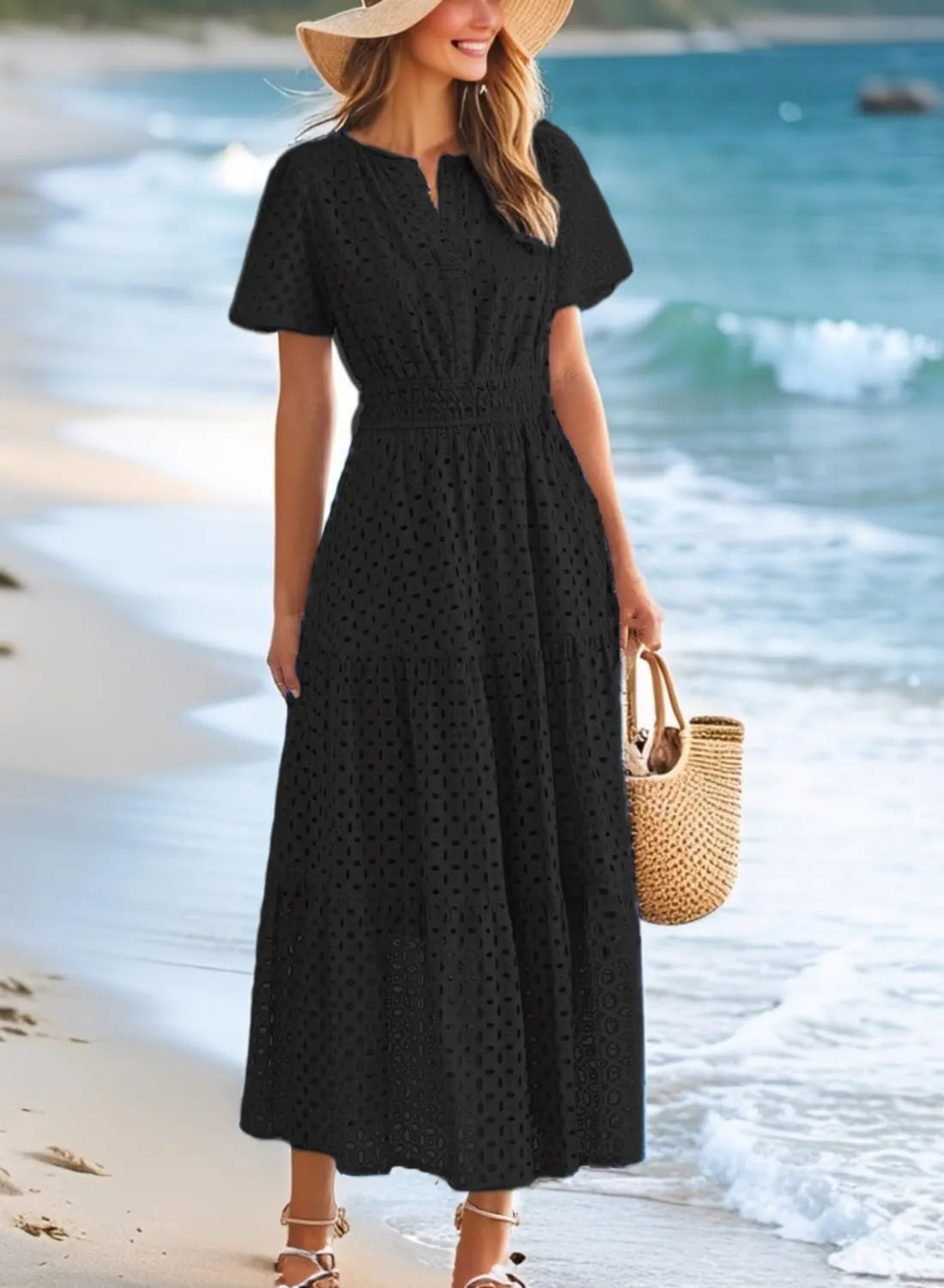 Womens Dresses Short Sleeve V Neck Long Beach Summer Aline Swing Flowy Dress with Pockets Casual Sundress