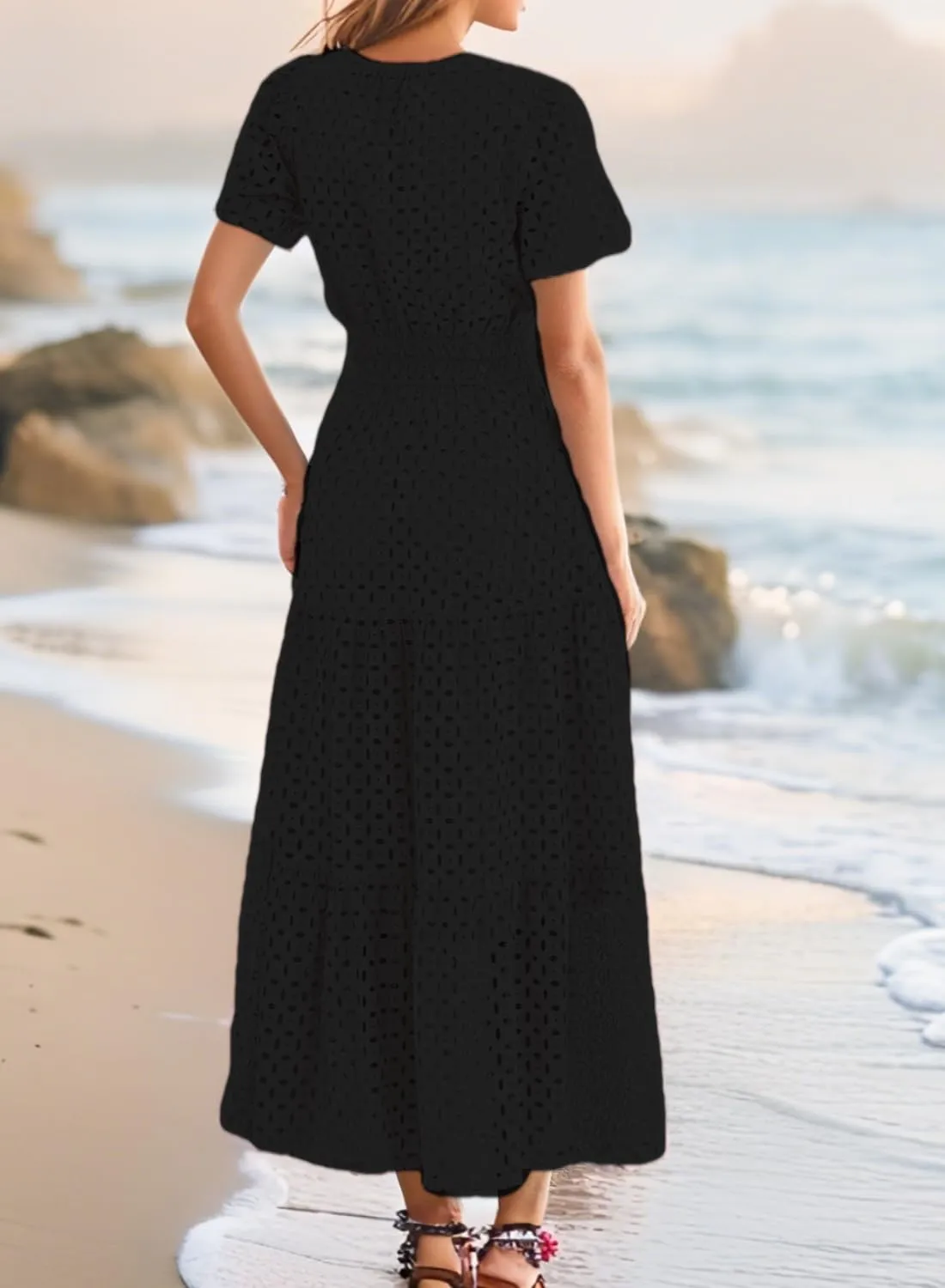 Womens Dresses Short Sleeve V Neck Long Beach Summer Aline Swing Flowy Dress with Pockets Casual Sundress