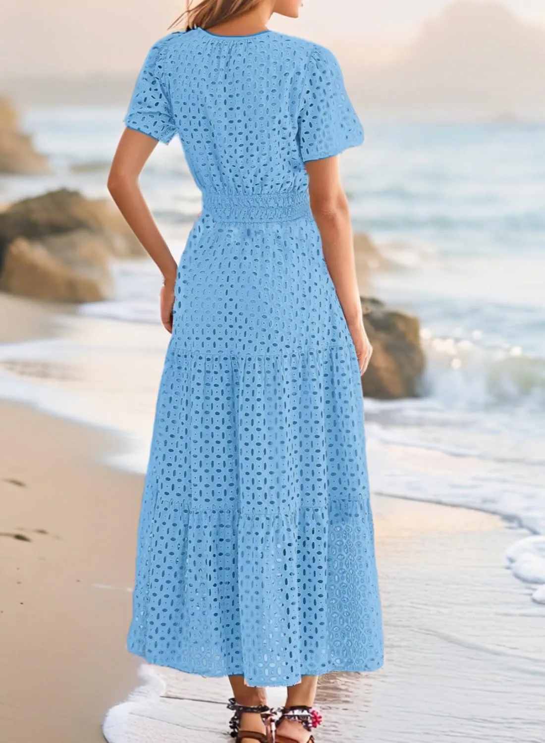 Womens Dresses Short Sleeve V Neck Long Beach Summer Aline Swing Flowy Dress with Pockets Casual Sundress
