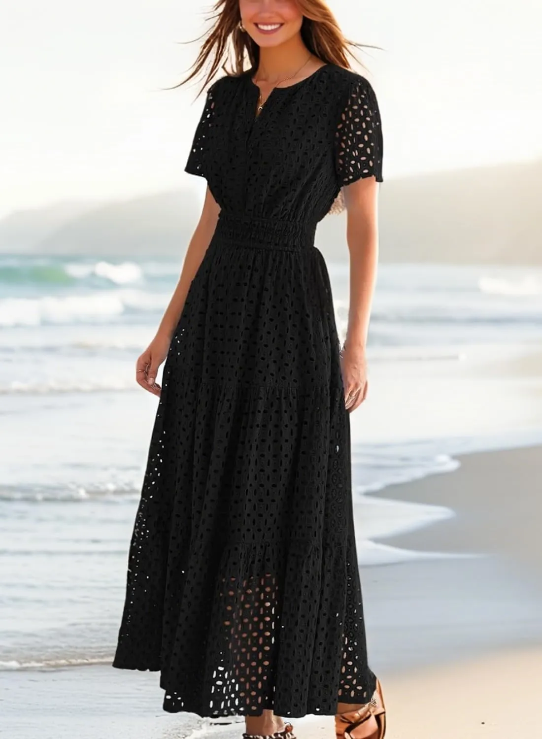 Womens Dresses Short Sleeve V Neck Long Beach Summer Aline Swing Flowy Dress with Pockets Casual Sundress