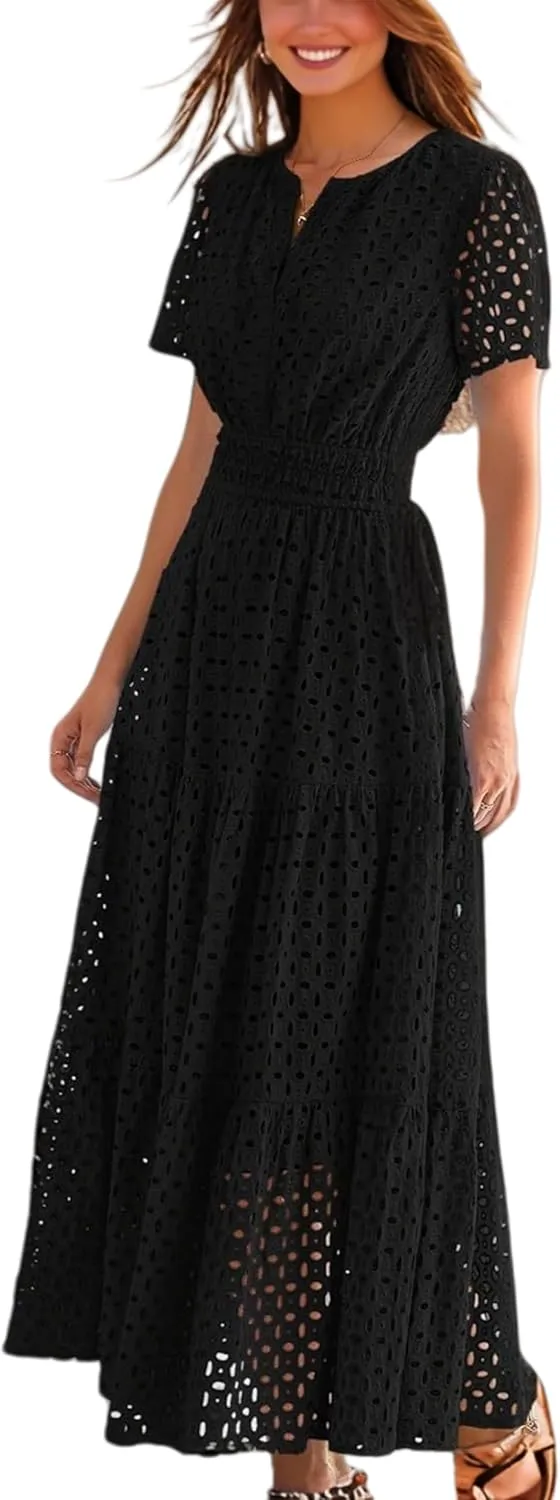 Womens Dresses Short Sleeve V Neck Long Beach Summer Aline Swing Flowy Dress with Pockets Casual Sundress
