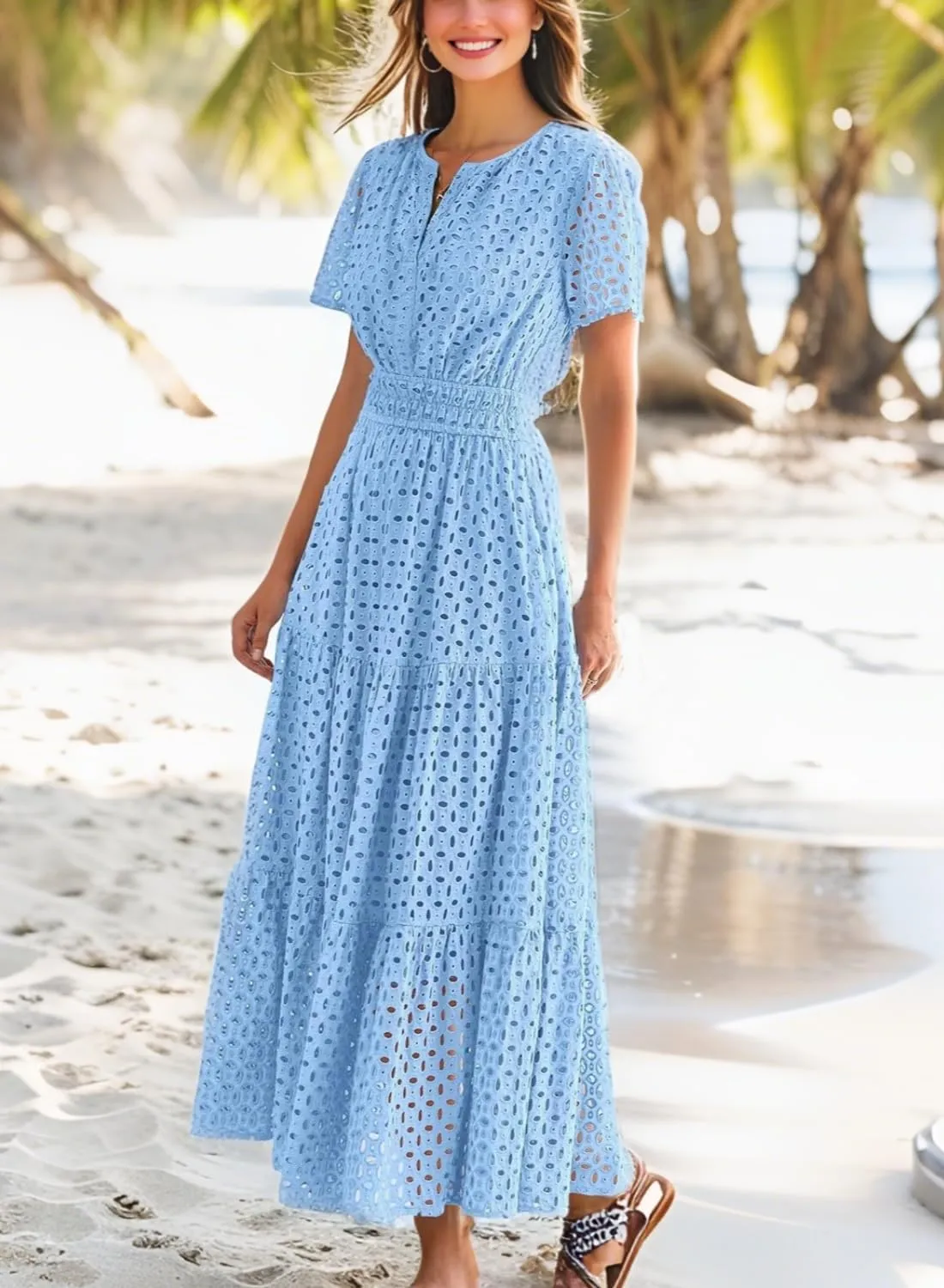 Womens Dresses Short Sleeve V Neck Long Beach Summer Aline Swing Flowy Dress with Pockets Casual Sundress