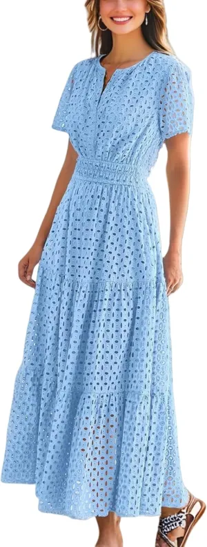Womens Dresses Short Sleeve V Neck Long Beach Summer Aline Swing Flowy Dress with Pockets Casual Sundress
