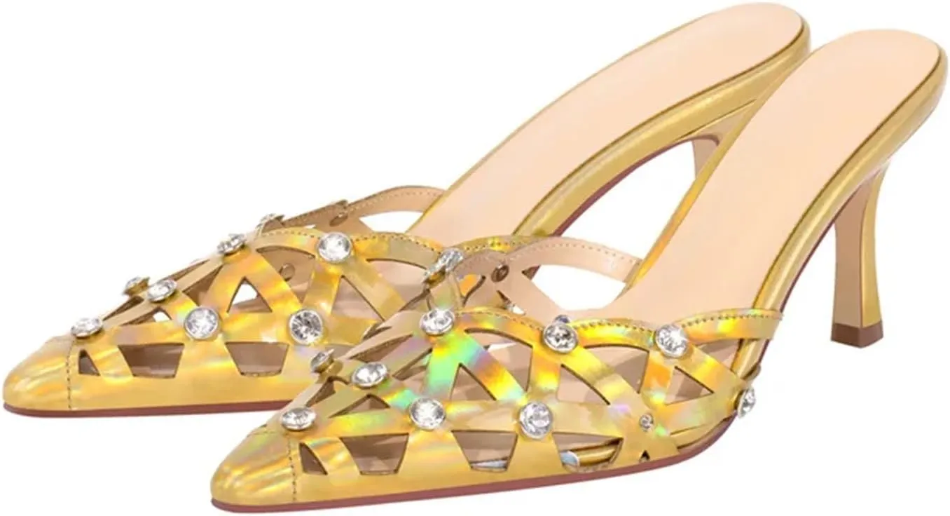 Women's Pointed Toe Mules - Slip On Thin Heel Classic Rhinestone Sandals