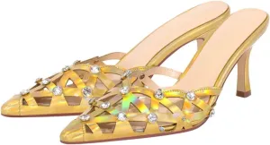Women's Pointed Toe Mules - Slip On Thin Heel Classic Rhinestone Sandals