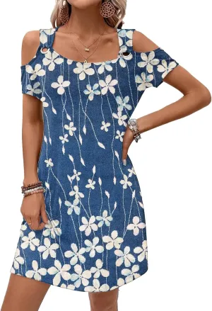 Womens Summer Dress Cold Shoulder Scoop Neck Short Sleeve Spaghetti Strap with O Ring Fashion Sundress with Pockets