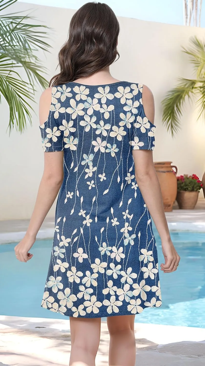 Womens Summer Dress Cold Shoulder Scoop Neck Short Sleeve Spaghetti Strap with O Ring Fashion Sundress with Pockets