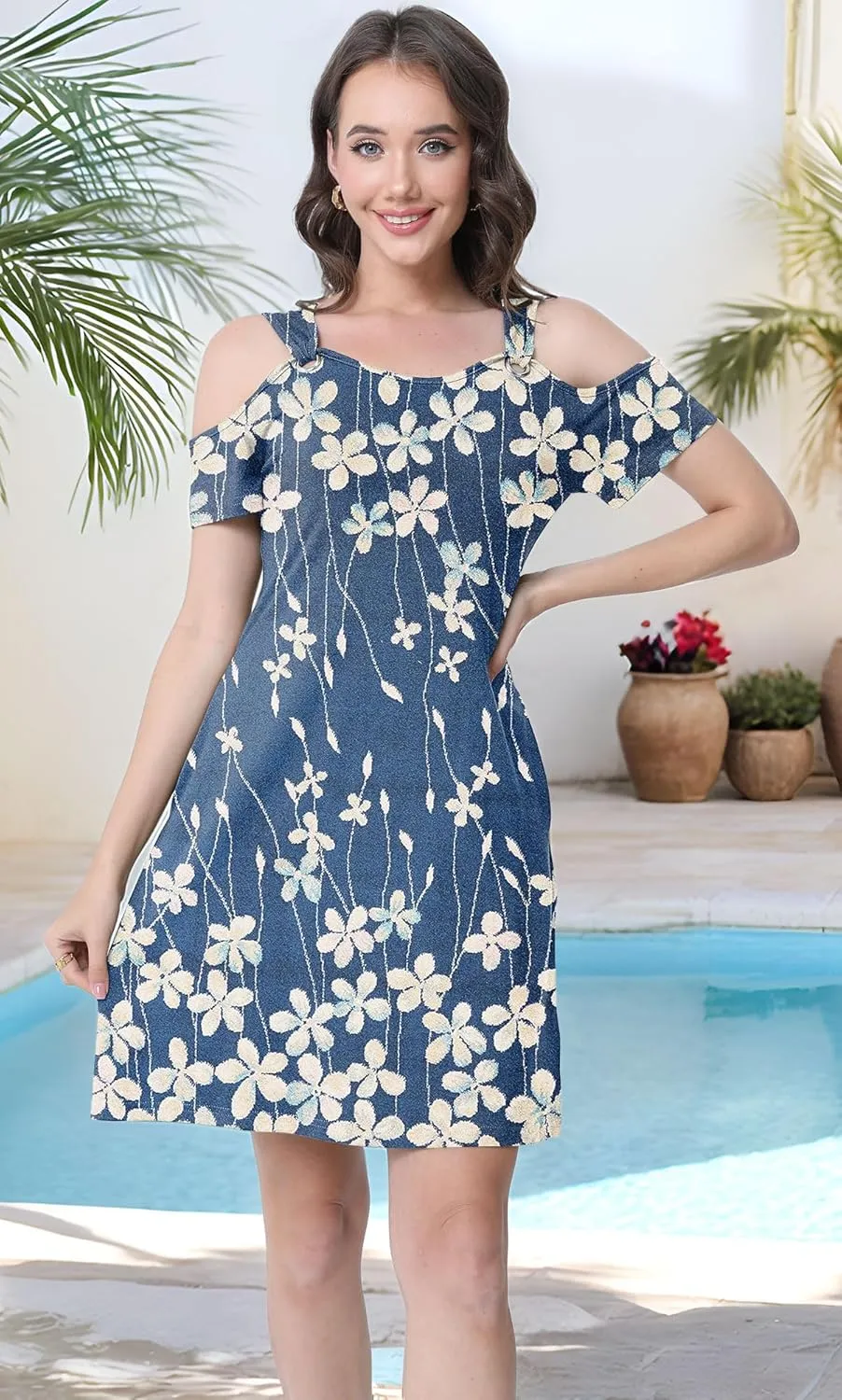 Womens Summer Dress Cold Shoulder Scoop Neck Short Sleeve Spaghetti Strap with O Ring Fashion Sundress with Pockets