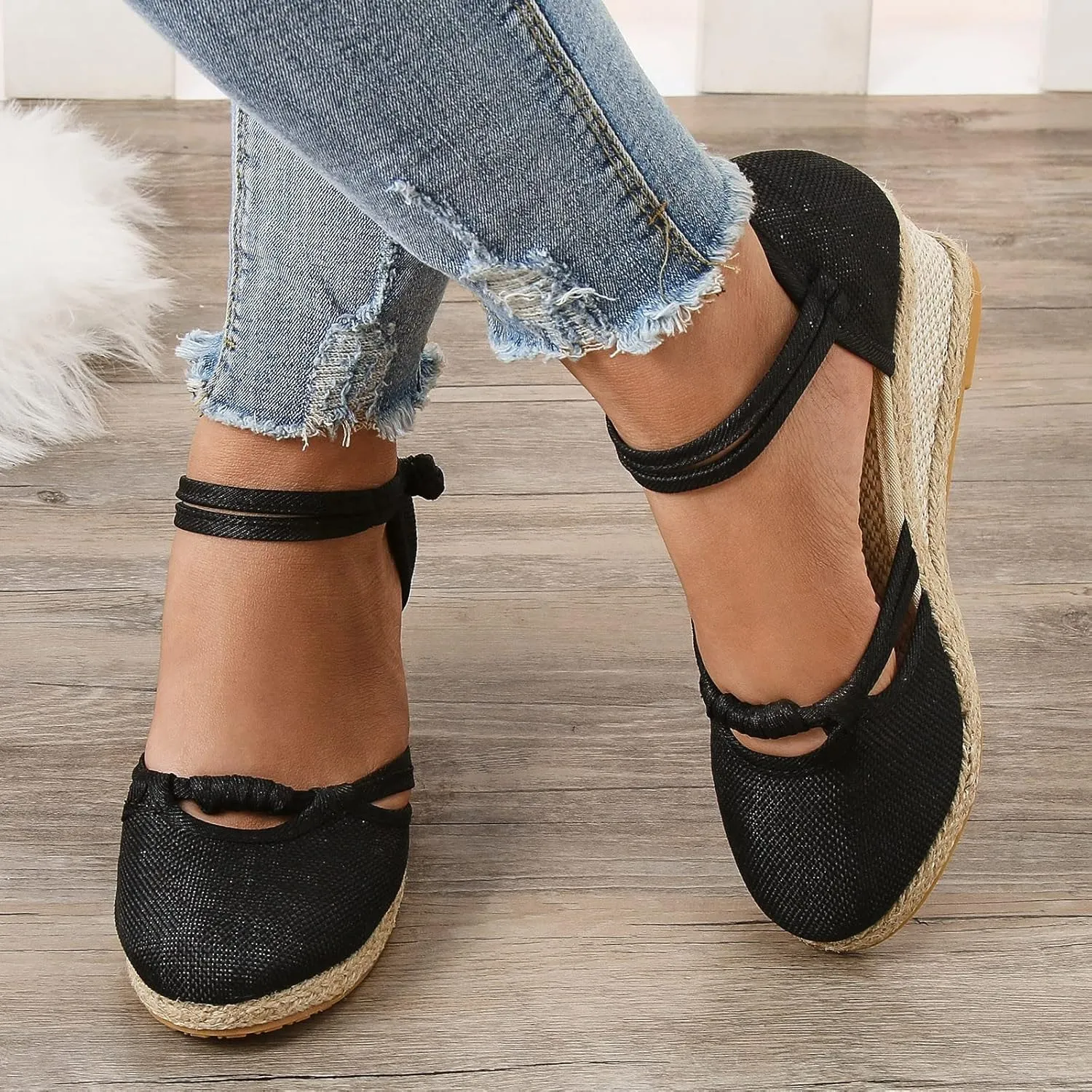 Womens Wedge Sandals Espadrille Closed Toe Non Slip Wedge Heels Sandals Casual Ankle Strap Canvas for Women Dressy Summer for Walking Vacation