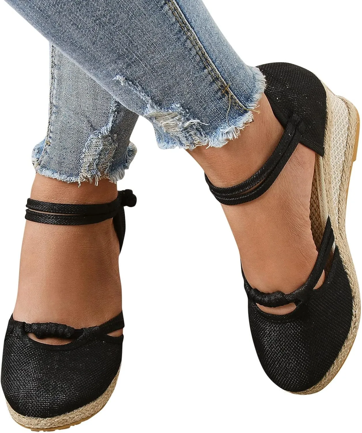 Womens Wedge Sandals Espadrille Closed Toe Non Slip Wedge Heels Sandals Casual Ankle Strap Canvas for Women Dressy Summer for Walking Vacation