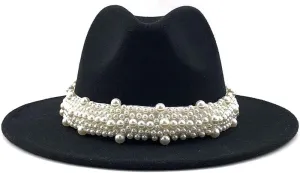 Womens Wide Brim Fedora Hat with Pearl Band Lady Panama Hat Jazz Fedora Hat (Color : Black, Size : One Size)
